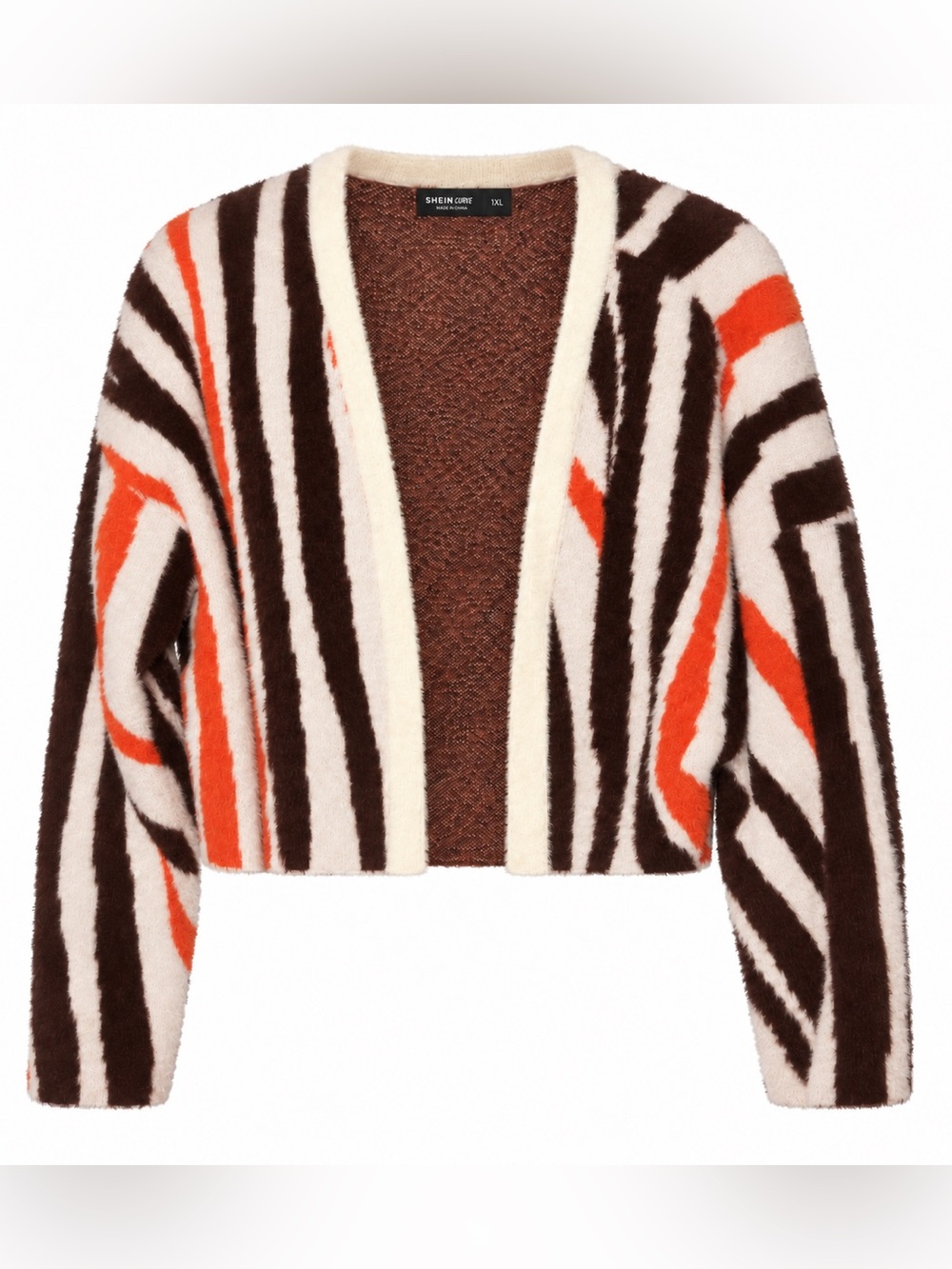 SHEIN Striped Open-Front Cropped Cardigan - Brown, Cream & Orange